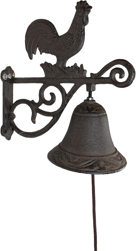 Ebros Gift Cast Iron Rustic Vintage Western Farmhouse Rooster Chicken Door Wall Dinner Yard Bell Outdoor Southwestern Farm Cowboy Cowgirl Accent Bells