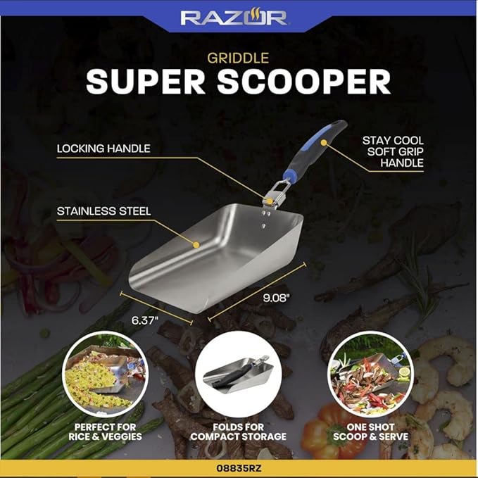Razor Griddle Food Scooper, Multi-Purpose Stainless Steel Griddle Food Mover, Extra-Large Scooper for Bulk Meals, Vegies for Outdoor Cooking, BBQ, Grilling, Shovel Spatula for Stir Fry & More -08835RZ