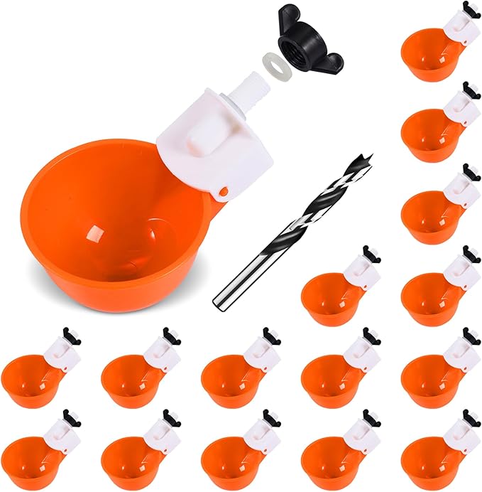 Chicken Waterer Cups (16 Pack/Orange) - DIY Automatic Large Chicken Water Feeder for Ducks Quail and Various Poultry Dispenser with Matching Drill, Double Rubber Ring, Not Leaking Wate