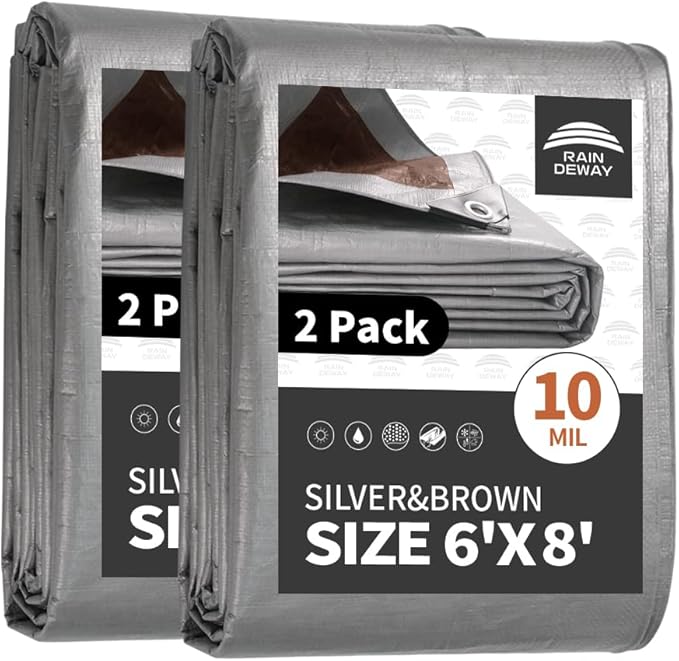 RAINDEWAY Tarps Heavy Duty Waterproof 6x8 Feet(2 Pack),10Mil Thick Multipurpose Poly Small Tarp Cover with Metal Grommets and Reinforced Edges,Silver/Brown Tarp