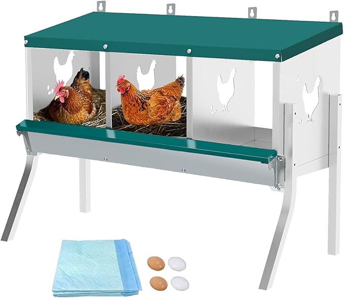 Garvee Large Metal Chicken Nesting Boxes for Hens, 3 Compartment Galvanized Steel Nesting Box with Legs, Includes 4 Fake Eggs & 10 Soft Nest Pads, Wall Mount or Freestanding for Coop & Farm