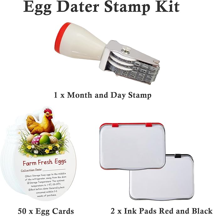 Egg Dater Kit, Date Stamp, 2 Fade-Resistant Inks (Red & Black), Stamper Pad, 50 Farm Fresh Eggs Instructions, for Chicken Duck Turkey Goose Eggs