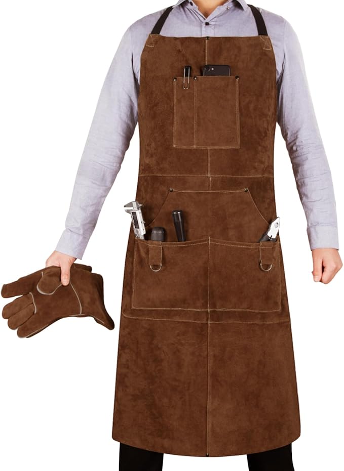 eletecpro Heavy Duty Leather Welding Apron Genuine Cowhide Flame & Heat Resistant Adjustable 42Lx24W with 6 Tool Pockets and Gloves for Mechanic, BBQ, Woodworking, Gardening, Men & Women Gift, Brown