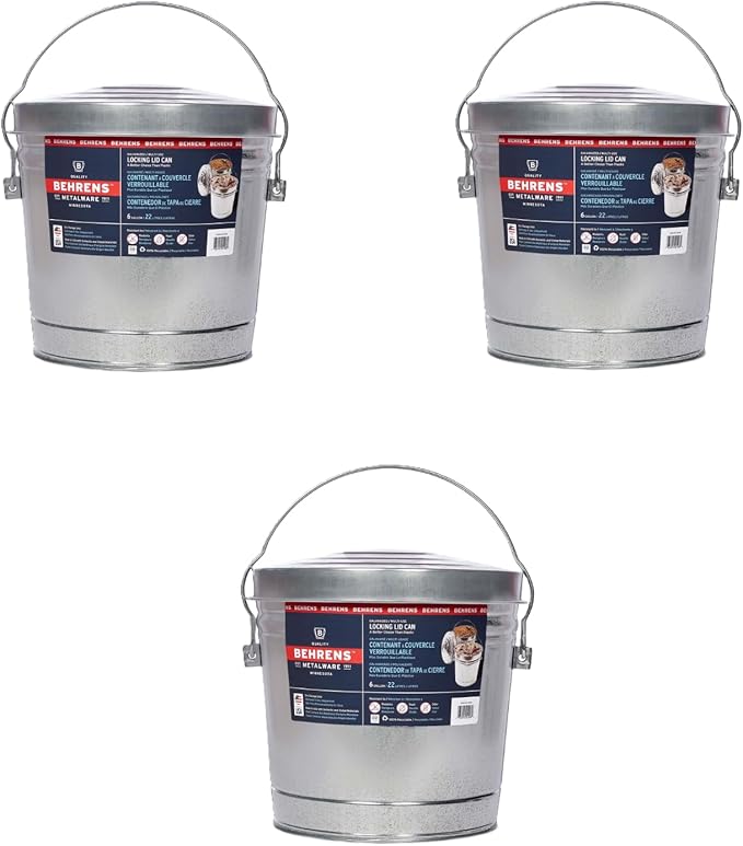 Behrens 6 Gallon Galvanized Steel Storage Can or Waste Bin w/Locking Lid & Handle (3 Cans, No Grip)