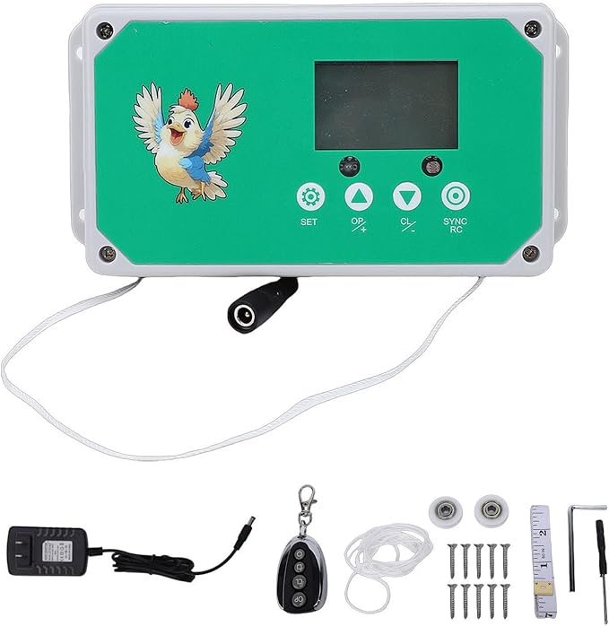 Automatic Chicken Coop Door Opener, Programmable Timer Remote Control IP44 LED Display for Poultry Farm Duck Goose with 50m Range (US Plug 100-240V)