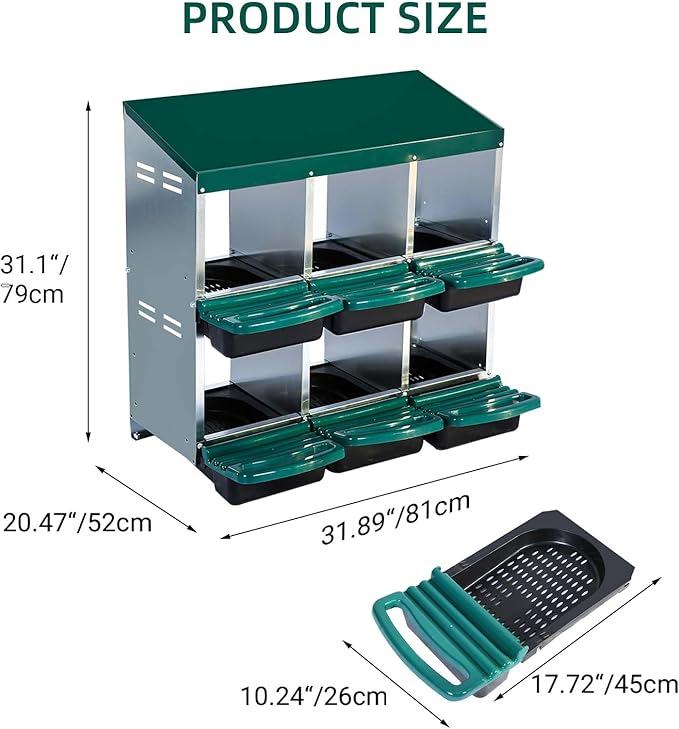 6-Compartment Roll-Away Metal Chicken Nesting Box – Durable Hen Laying Box with Protective Lid, Easy Egg Collection, Stand with Bracket Legs for Coops, Green