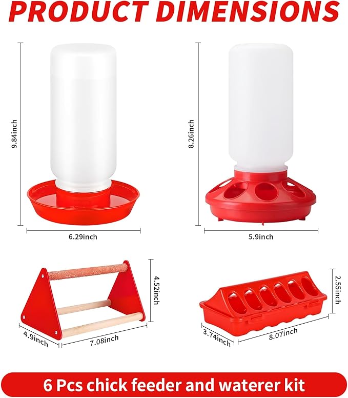 6 Pack Chick Feeder and Waterer Set - Chick Starter Kit with Mini Perch, Automatic Chicken Waterer & Feeder for Ducks/Quail, Coop Brooder Supplies for Small Poultry
