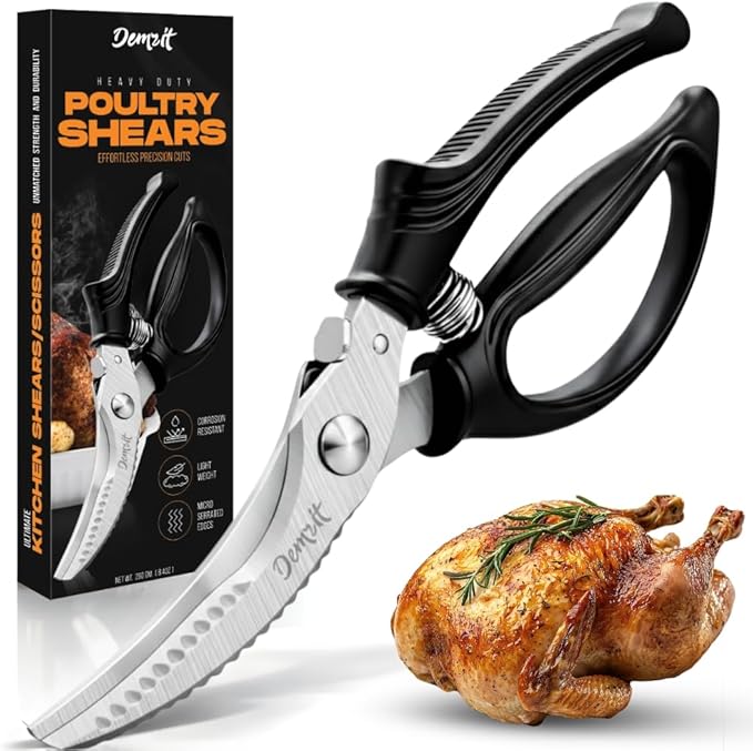 Poultry Shears, Kitchen Shears Heavy Duty for Food With Anti-Slip Handle & Safety Lock, Meat Scissors, Chicken, Lobster, Quail, Fish, Food Cutting Scissors, Bone Cutter - Spring Loaded