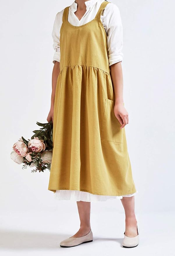 NEWGEM Cotton Linen Cross Back Apron for Women with Pockets for Cooking Cleaning Yellow without Waist Ties