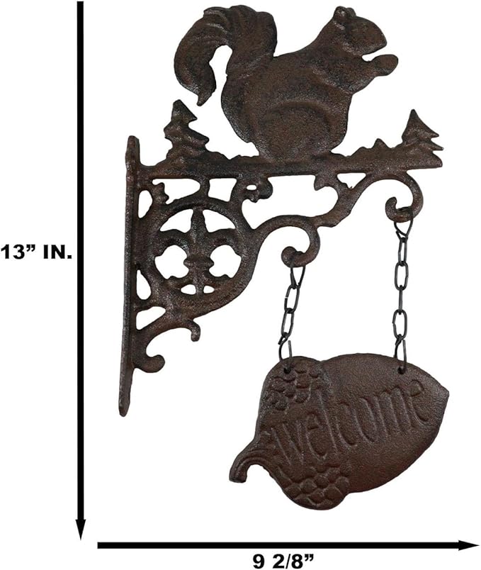 Ebros Gift Cast Iron Rustic Scroll Art Vintage Western Country Farmhouse Cottage Squirrel With Welcome Sign Acorn Fleur De Lis Wall Bracket Indoor Or Outdoor Farm Ranch Accent