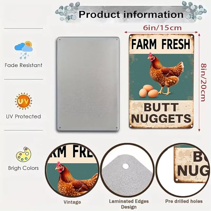Vintage Metal Signs Chicken Coop Signs for Farm Yard Decor, Farm Tin Signs for Home Kitchen Outdoor Decor, Fresh Butt Nuggets 6x8 inches