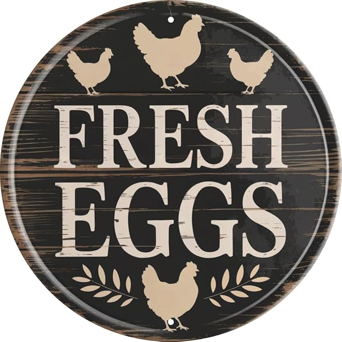 Rustic Farmhouse Metal Sign 8x8 in Round Chicken Coop Decor Vintage Farm Fresh Eggs Wall Art Antique Kitchen & Outdoor Decorative Plaque Chicken Coop Accessories