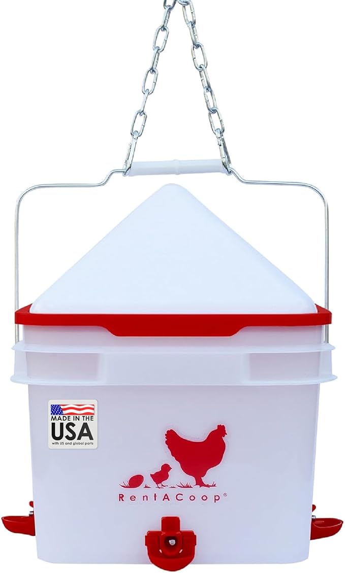 RentACoop 2 Gallon Chicken Waterer, BPA-Free Plastic Bucket Waterer Set with 4 Horizontal Nipples, Large Capacity Poultry Waterer - Center Placement