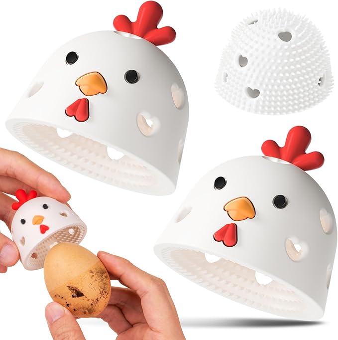 2PCS Silicone Egg Cleaner for Fresh Eggs,Reusable Cleaning Tools for Chicken Coop Accessories,Egg Washer, Egg Scrubber for Fresh Eggs,Egg Washer for Fresh Eggs Creative Chicken Shape Egg Brush 2White