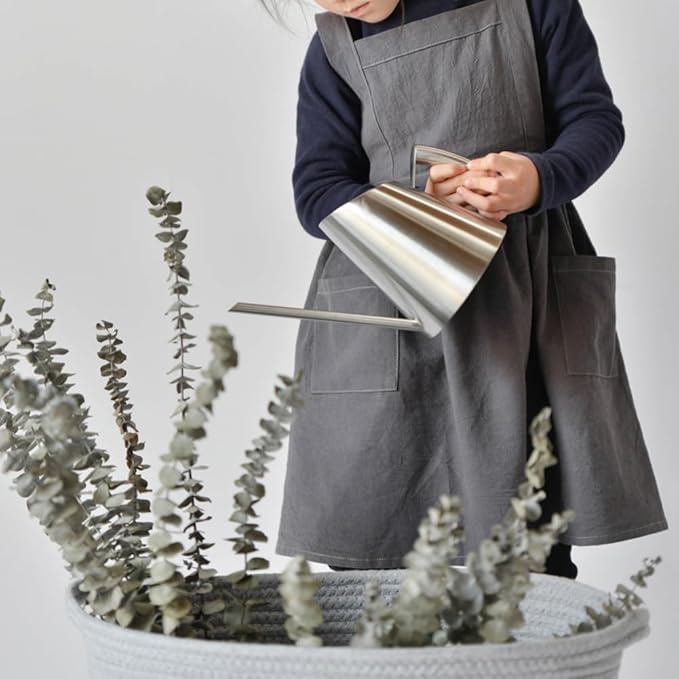 IWEMEK Kids Aprons for Girls Cooking Child Cotton Linen Apron Dress with Pockets Art Baking Gardening Painting Apron Pinafore