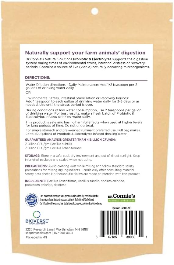 Dr. Connie's Probiotic + Electrolyte Powder for Chickens, Ducks, Goats, Poultry & Livestock | Natural Gut & Hydration Support | Veterinarian Formulated