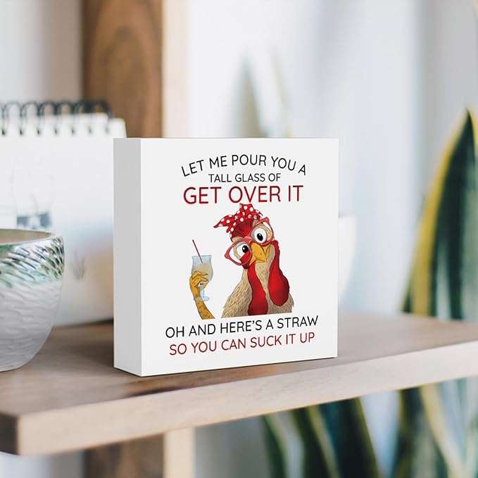 Rooster Decor Motivational Rooster Kitchen Decoration Inspirational Desk Office Decor for Women Farm Animal Decoration Wooden Box Decor Sign for Home Bedroom Classroom Shelf Table