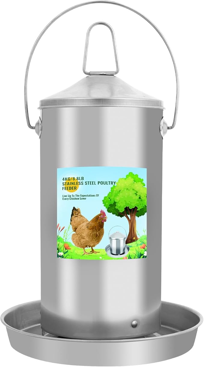Automatic Chicken Feeder 4KG/8.8lbs, Heavy Duty Stainless Steel Reliable Long-Lasting Poultry Feeder with Handle, High Strength Structure 0.035 Inch/0.9mm Metal Thickness