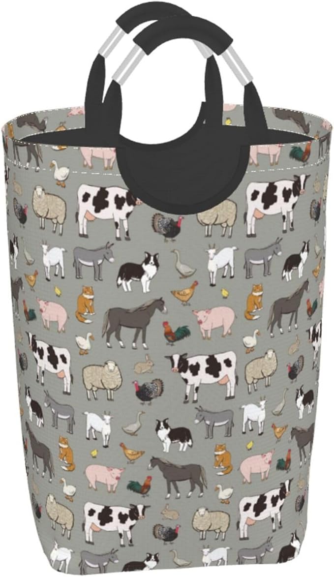 Farm Animals Laundry Basket Cow Foldable Laundry Hamper Pig Collapsible Laundry Baskets with Handles Clothes Hamper Laundry Tote Bag for Dorm Family Storage Bin 50L