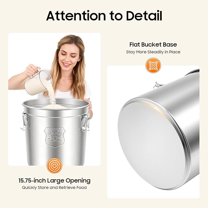 48L (12.68 gal) Stainless Steel Food Storage Container with Lid, Airtight Locking Bucket for Rice, Flour, Pet Food - Food Grade 304, Commercial & Home Kitchen (12.68 gal)