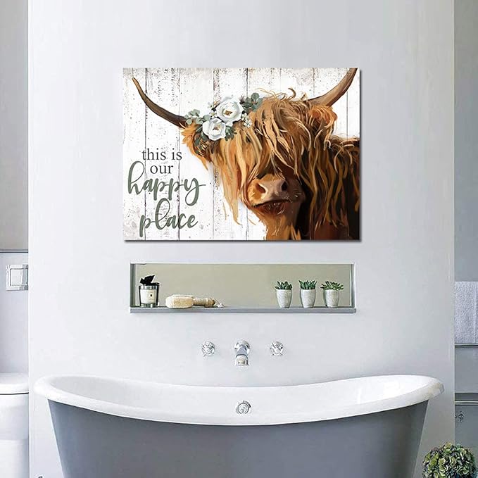 YPY Highland Cow Wall Art - This is Our Happy Place Inspirational Canvas Poster for Home - Long Haired Scottish Cow with White Flower Picture Farmhouse Kitchen Decor Framed (24"x36")