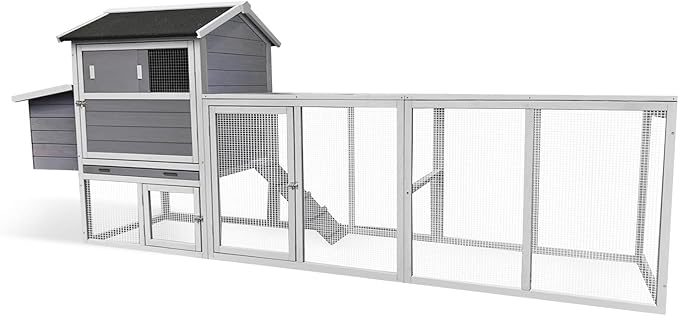 Large Wooden Chicken Coop Outdoor Hen House with Nesting Box，Walk-in Poultry Cage with Secure Locks, Metal Mesh Run for Backyard Farm Use (Gray 114.26")