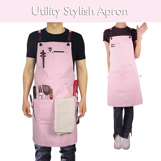 10 Pack Kitchen Aprons, Work Apron, Canvas, Multiple Pockets, Gardening, Painting, BBQ, Artist, Carpenter, Sizes M to XXL, Pink
