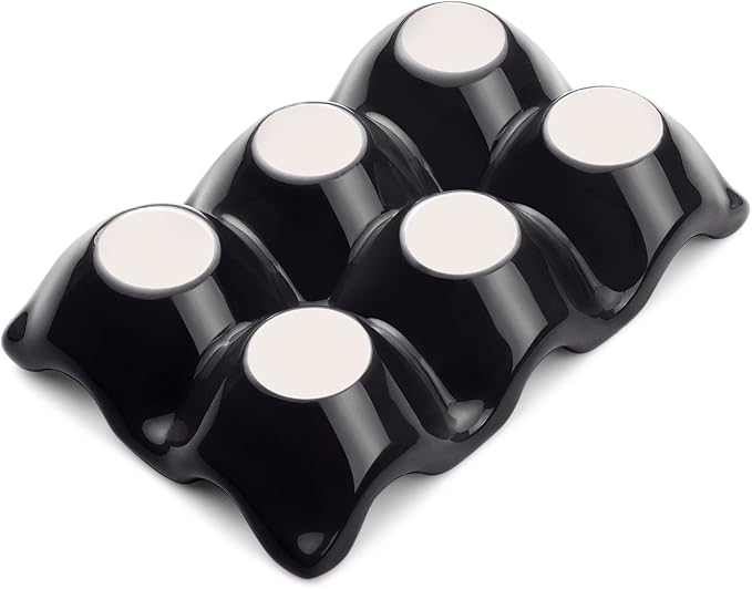 Flexzion Ceramic Egg Holder for Fridge - 6 Cups Egg Tray Half Dozen Porcelain Container Keeper Storage Organizer Decorative Serving Dish Serveware for Refrigerator Countertop Display Kitchen (Black)