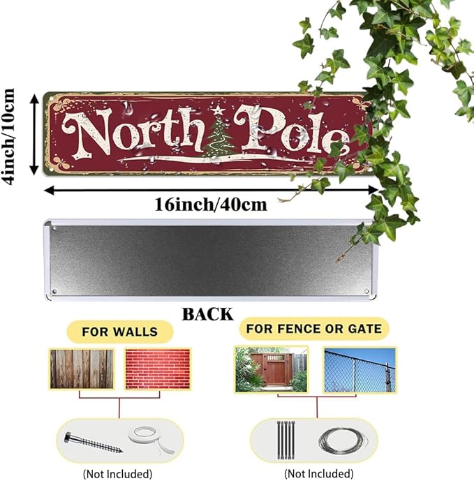 Rustic North Pole Metal Sign, 16x4 Inch - Christmas Tree Art Decorative Sign for Bathroom, Bedroom, Cafe, Bar, Balcony, Distressed Finish Plaque Wall Art Decor, Christmas Room Decor