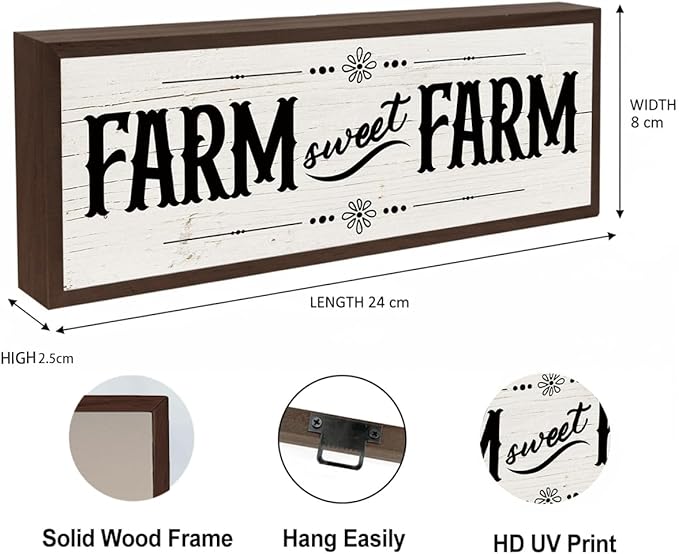 Farmhouse Decor, Farm Sweet Farm Sign, Wall Tabletop Decor, Wood Framed Sign for Home Decors, Cottage Decors, Sweet Home Decoration 9.5x3.1x1 inches
