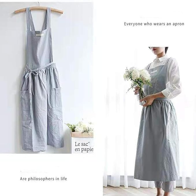 Cotton and linen Kitchen Cooking Aprons Dress for Women with Pockets Cute for Baking Painting Gardening Cleaning