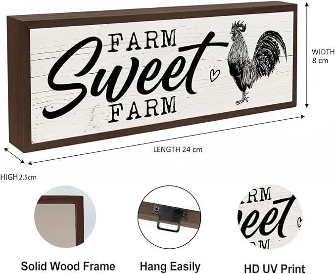Farm Sweet Farm Sign, Country Style Home Decor, Decorative Wall Art Sign, Home Decor for Kitchen Yard Indoor Outdoor, Rustic Framed Wall Plaque 9.5x3.1x1 inches