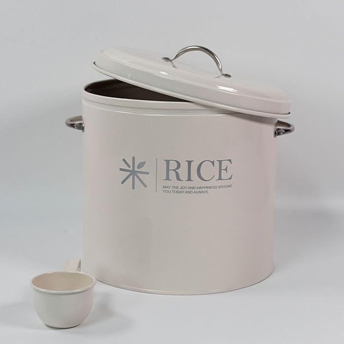 Sealed Food Storage Bin, Iron Rice Container and Measuring Spoon Metal Rice Storage Box Round Rice Canister for Pet Food Home, Style A