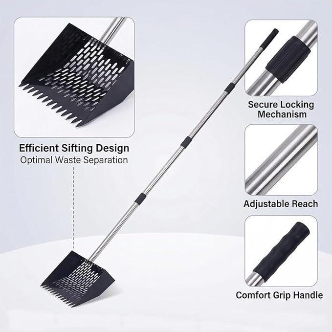 2-in-1 Rake & Scoop Chicken Poop Scooper 10 Inch Metal Head with Rust-Proof Handle for Coop Cleaning Litter Sifting