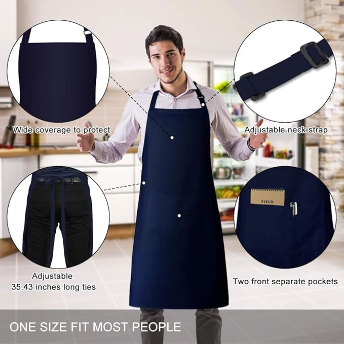 Jubatus 2 Pack 100% Cotton Aprons with 2 Pockets Cooking Chef Kitchen Adjustable Bib Apron for Women Men, Navy Blue