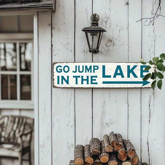 Go Jump in the Lake Metal Tin Sign Rustic Teal Lake Decor Wall Hanging for Farmhouse Lake House Bathroom Bedroom Entryway Vintage Style Wall Art 4x16 Inch