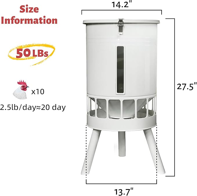 KOL 50LB Metal Chicken Feeder - No Waste, No Clog Design with 16 Ports & Smooth Gravity-Flow, Powder Coated Rust-Proof for Coop Use (Jade White)