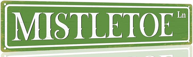 Mistletoe Lane Christmas Metal Sign Vintage Print Art Poster Tin Plaque for Home Farmhouse Kitchen Patio Yard Cafe Bar Front Door Wall Decor 4x16 Inch