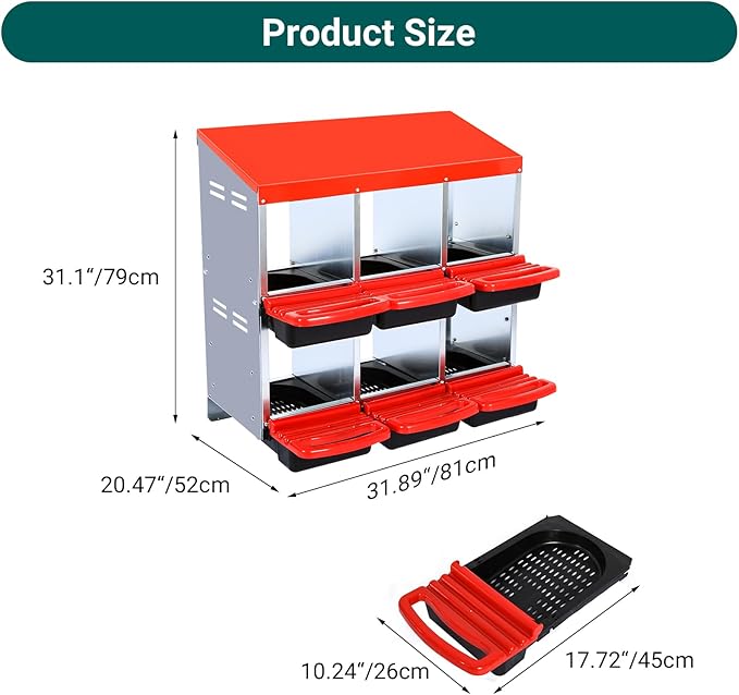 Chicken Nesting Box, 6 Compartment Roll Away Nesting Box for Eggs, Chicken Laying Box with Egg Collection, Cleanable Pull Out Hen Roosting Boxes ﻿