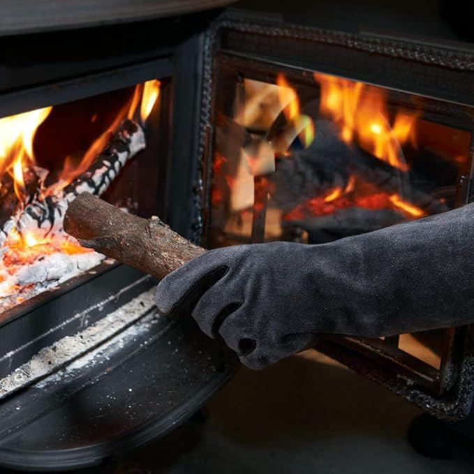 OZERO 932°F Heat Resistant Welding Gloves 16 inches Cowhide Leather - Long Sleeve and Insulated Lining BBQ Glove for Tig Welder/Mig/Grill/Barbecue/Stove Black-gray