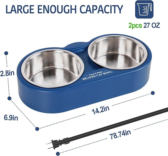 Heated Water Bowl for Outdoor Cats, 2 Thermal Stainless Steel Heated Cat Bowl for Outside, Ice Free & BPA Free Heated Pet Bowl for Small Animals Squirrel Rabbits Chickens Bird Bath in Winter