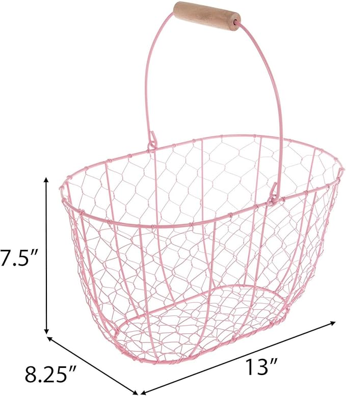 Hobby Lobby Chicken Wire Easter Basket with Wooden Handle, Metal and Wood, 7.5" H x 13" W x 8.25" D (Pink)