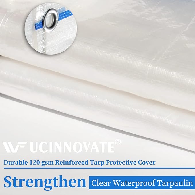 10 x 13 Ft Clear Tarps Heavy Duty Waterproof, 14 mil Thick Translucent Greenhouse Tarp with Grommets, Clear Plastic Tarp Cover for Garden Patio Lawn Plants Boat or Pet Hutch Roof