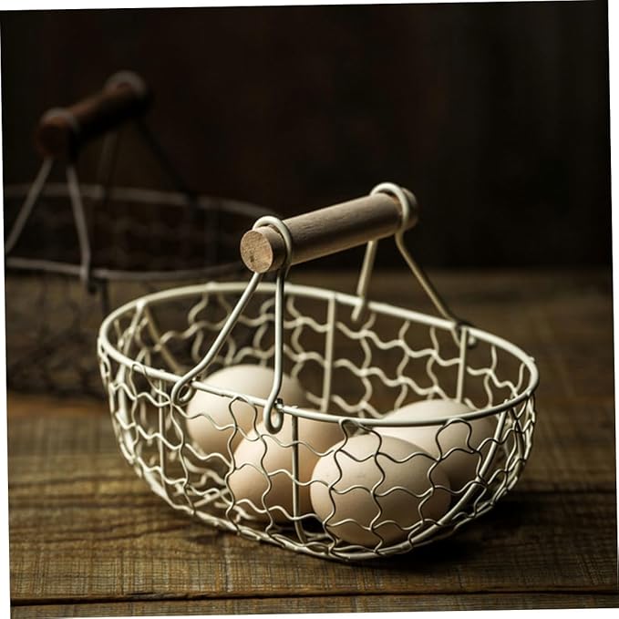 VICASKY 2pcs Retro Vintage Wire Storage Baskets with Wooden Handles, Farmhouse Style Metal Fruit and Egg Collecting Basket Set for Kitchen and Household Organization