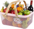 Portable Mesh Harvest Basket - Natural Bamboo Handle Foldable Organizer for Kitchen, Garden & Picnic | Ventilated Storage Bin with Rust-Proof Wire, Space-Saving Farmhouse Decor (Pink)