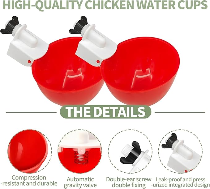 10PCS Chicken Waterer Cups, Red Automatic Poultry Watering Cups, Tee Fittings Poultry Waterer with Mounting Hole Opener,Ideal for Chicken Coop, Ducks, and Backyard Poultry