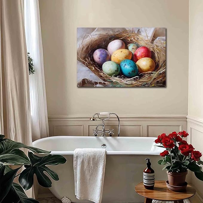 MNFGMH Easter Canvas Watercolor Easter Eggs Spring Art Cute Easter Picture for Living Room and Kitchen Wooden Frame 24x36 inch