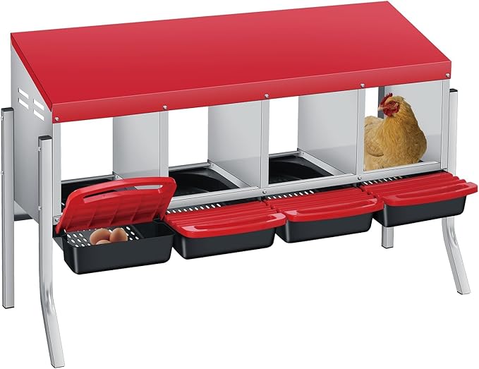 4-Compartment Galvanized Steel Chicken Nesting Box with Stand – Removable Roll-Away Egg Tray, Weatherproof Roof & Handle Perch – Easy Assembly & Cleaning for Backyard Farm Coops (Red)