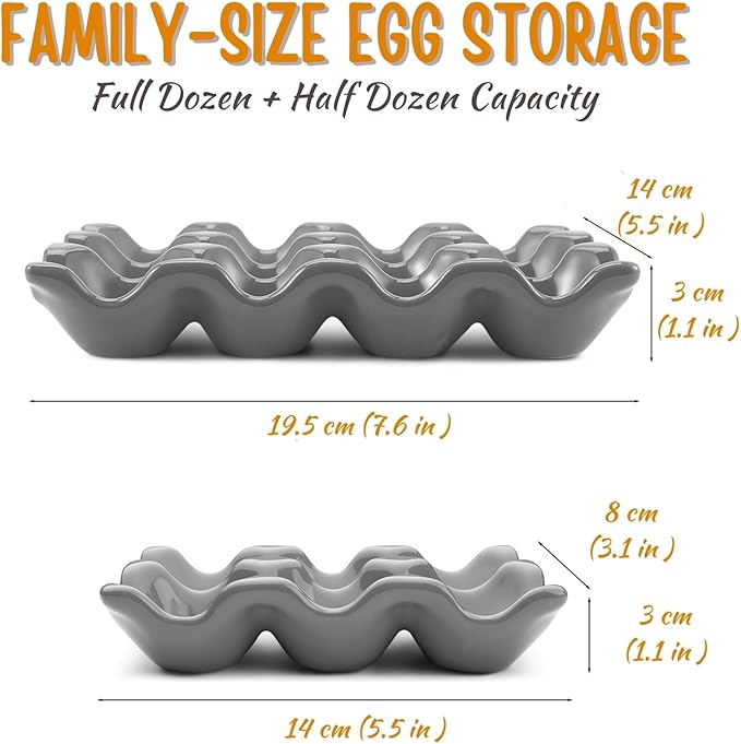 Flexzion 12 + 6 Cups Ceramic Egg Holder for Fridge - 18 Porcelain Egg Tray Container Keeper Storage Organizer Decorative Serving Stand Serveware for Refrigerator Countertop Display Kitchen (Gray)