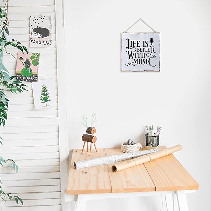 Distressed Look Wood Sign Life is Better with Music Rustic Farmhouse Wooden Sign with Quote Retro Wooden Art Plaque Vintage Wall Hanging Wall Decor for Porch Room House Home Decor Gift for Music Lover